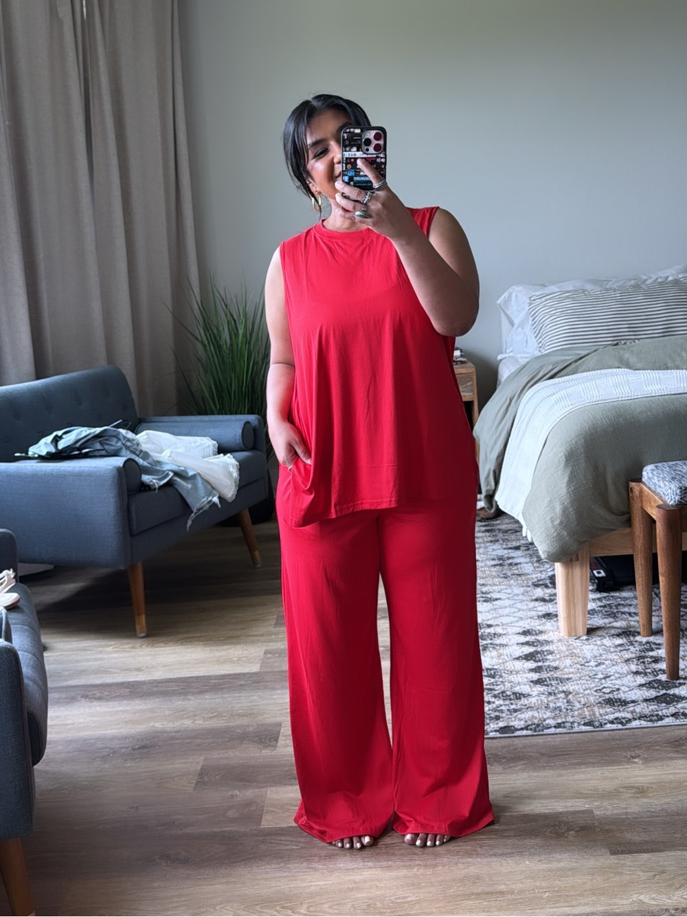 Sleeveless Lounge Set Tank Top Long Pants Pjs (XL) Red
